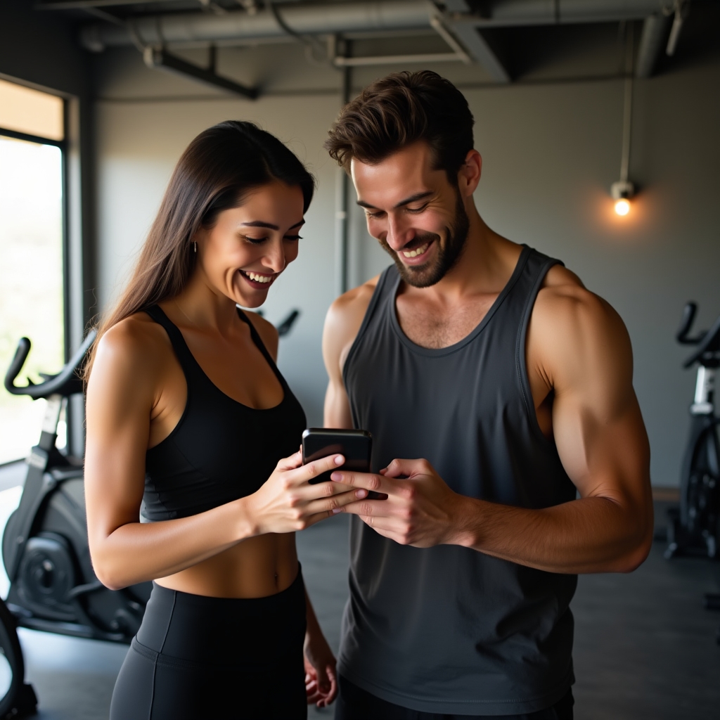 Two gym members checking in with each other before class, one showing a phone with a shared workout log