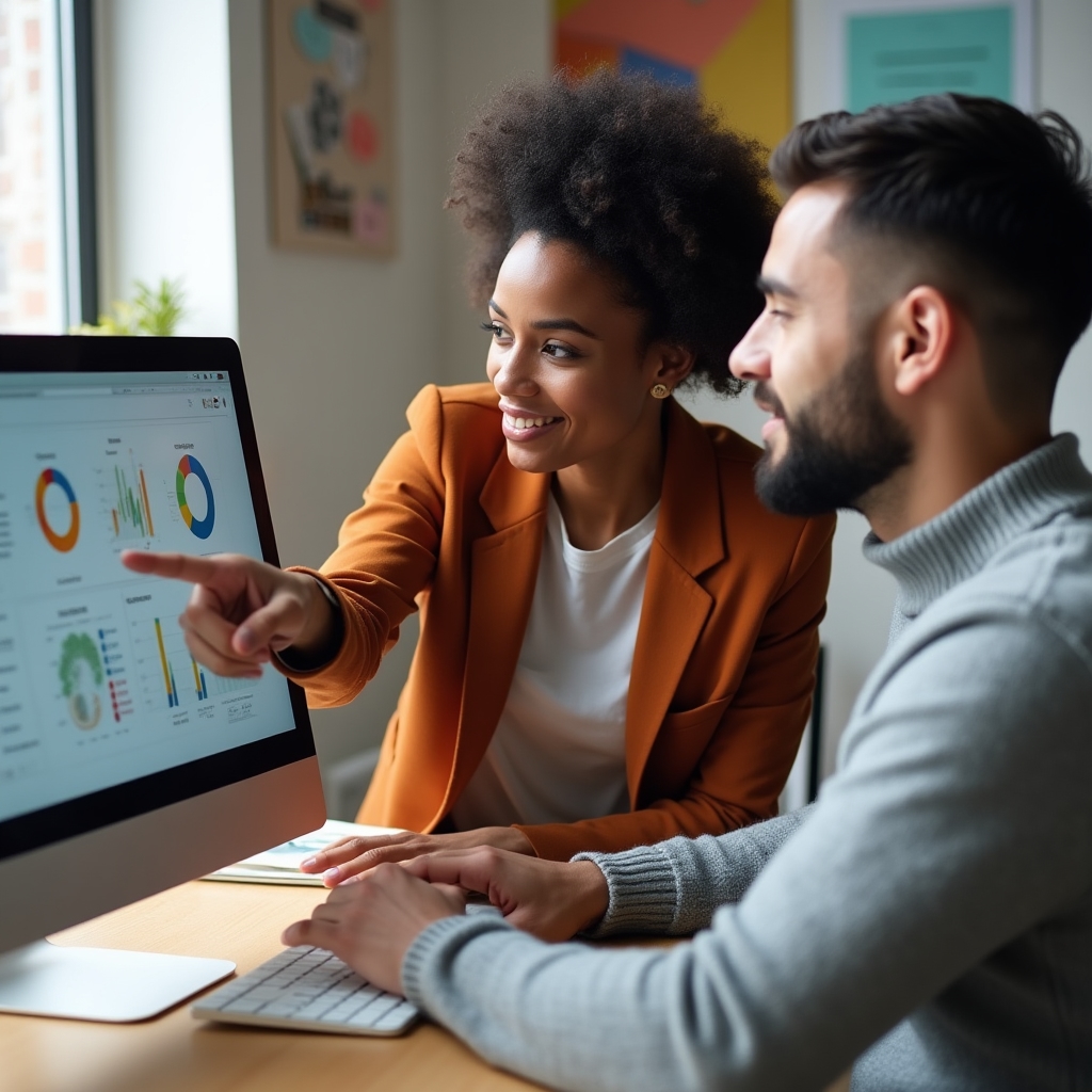 A consultant and studio owner reviewing an attendance dashboard together on a laptop in a bright office
