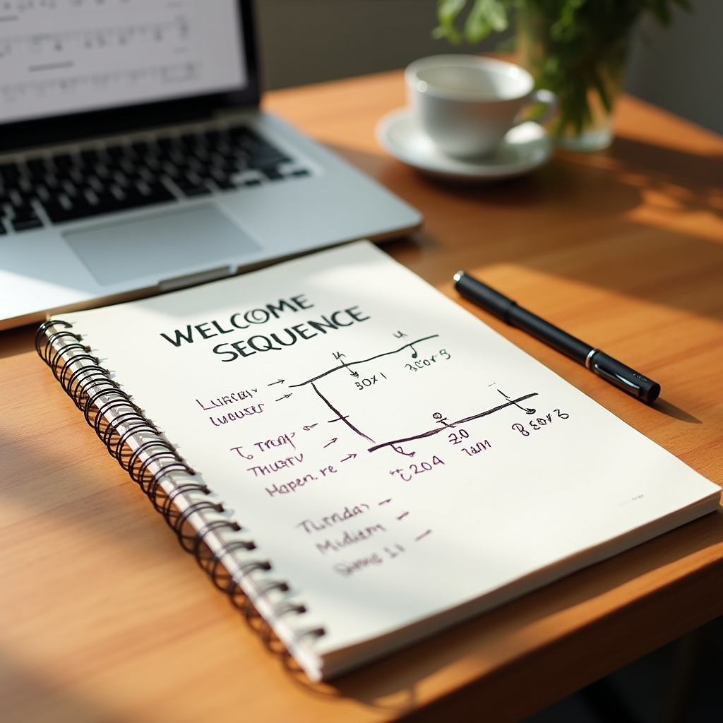 A notebook open to a hand-drawn welcome sequence timeline next to a laptop and coffee cup on a studio desk
