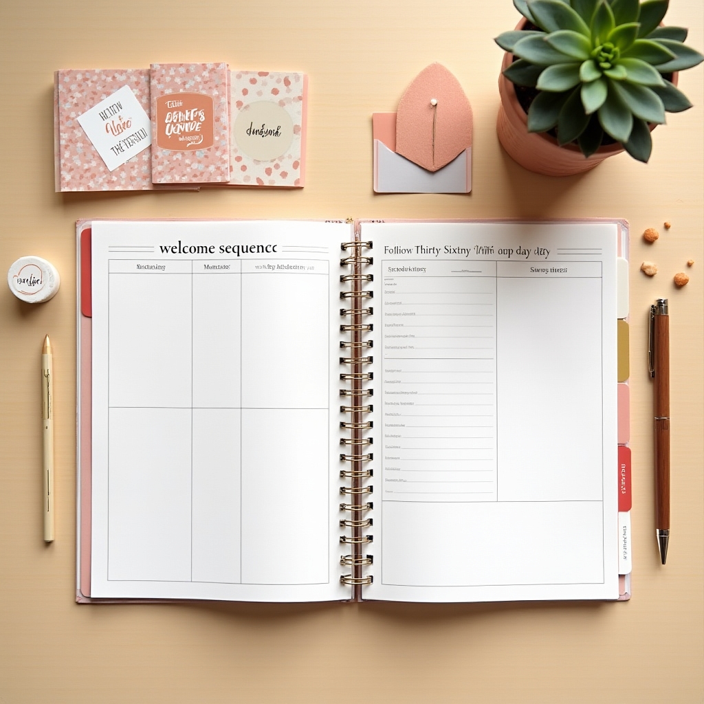 Flat lay of a printed welcome sequence workbook with tabs, a pen and a studio schedule card