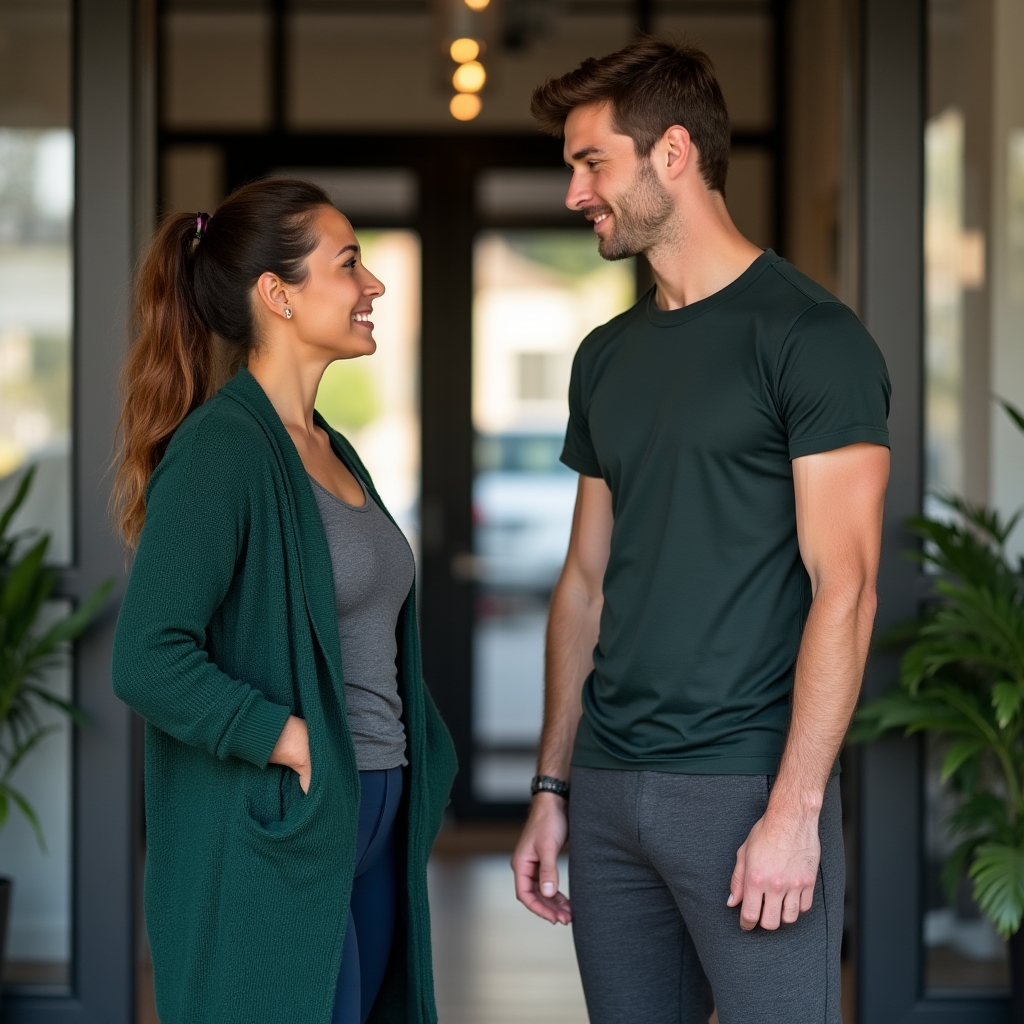 A studio manager having a warm, low-key conversation with a member near the entrance of a fitness studio