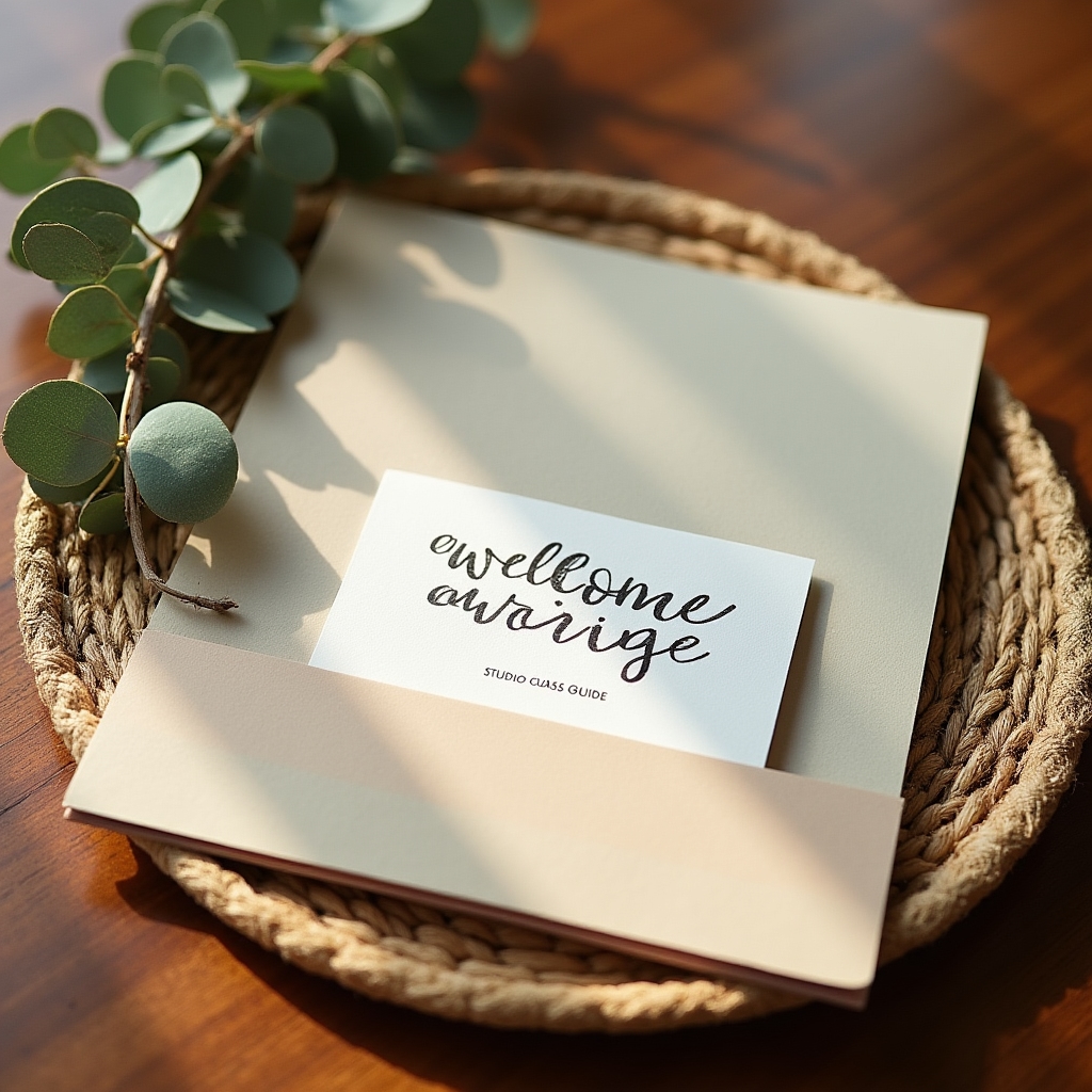 A printed onboarding kit folder with a member welcome card and studio class guide laid out on a table