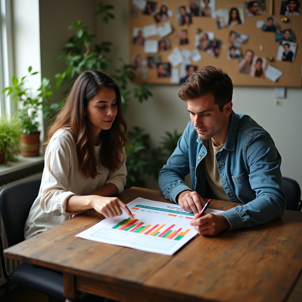 Two studio staff members discussing referral reward tiers around a table with printed materials