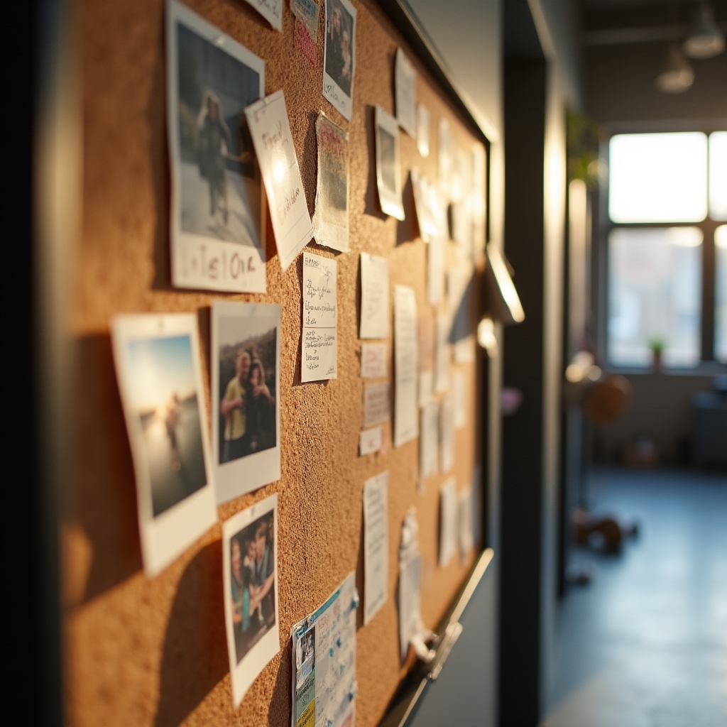 A community bulletin board inside a fitness studio filled with handwritten notes and photos from members