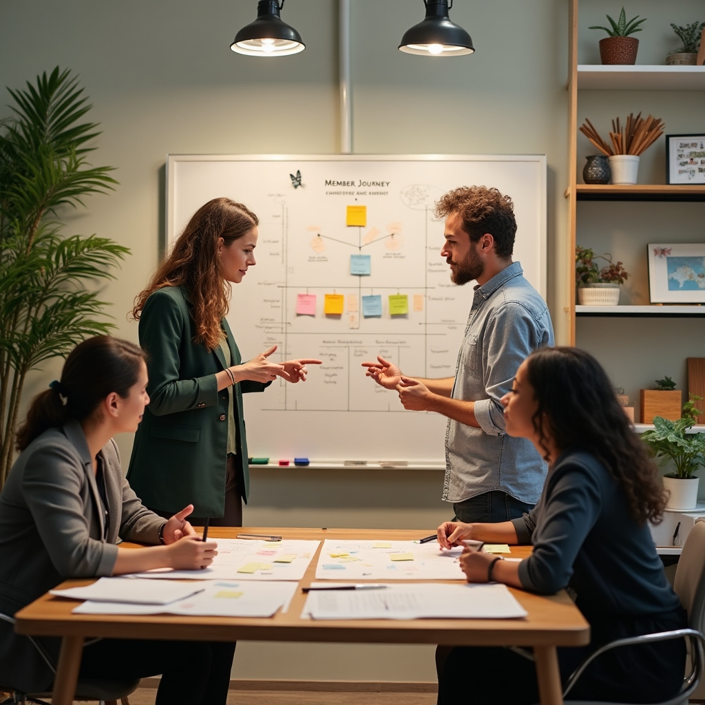 A small consulting team gathered around a table reviewing a whiteboard mapping out a member journey