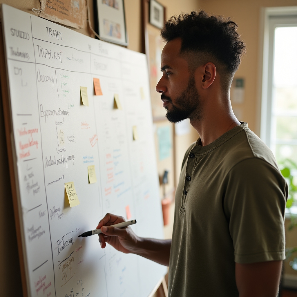A studio manager writing out a member welcome sequence on a whiteboard with sticky notes